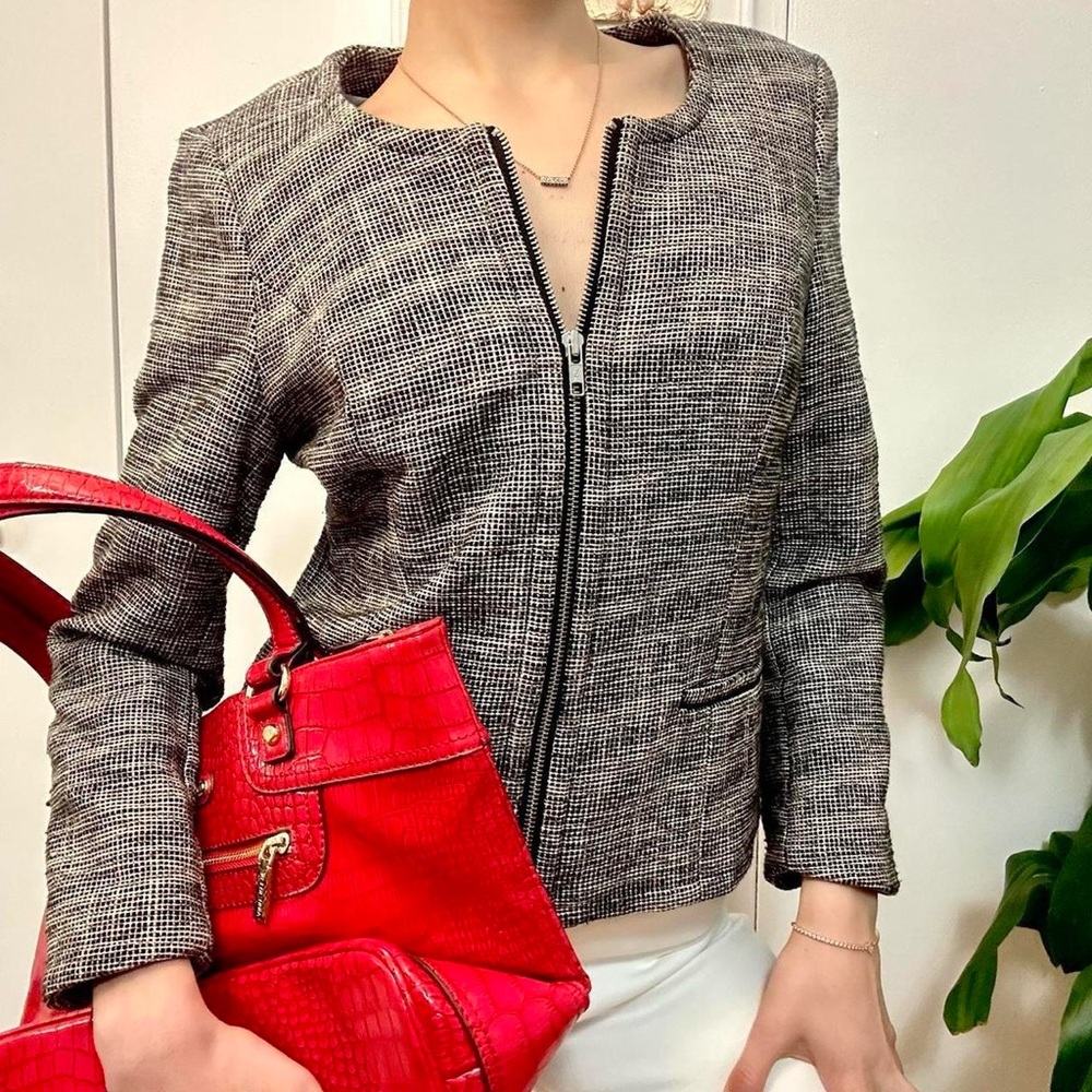 Vintage Black & White Houndstooth Cotton Zip-Up Blazer 🖤